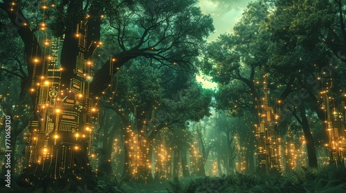 Surreal  A forest where trees are made of circuit boards