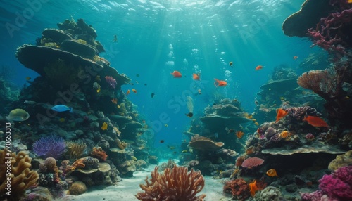 A serene underwater view of a vibrant coral reef, teeming with colorful fish and marine life in sunlit waters