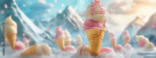 Ice cream sweet lansdcape background. Candyland or popsicles scene for game or presentation design. Holiday, birthday concept.