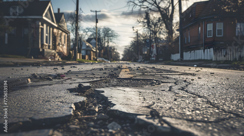 potholed road, damaged asphalt, in the city, between houses
