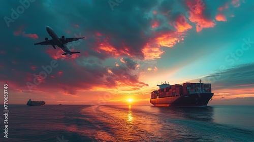 air, land, road, sea transportation, cargo ship in a seascape, an airplane flying above, a cargo van on road, 