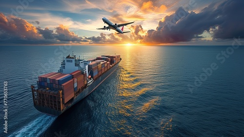 air, land, road, sea transportation, cargo ship in a seascape, an airplane flying above, a cargo van on road, 