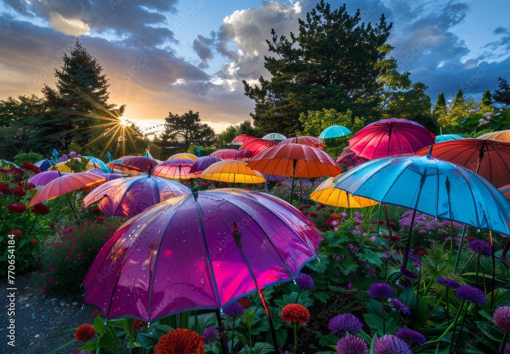 colorful umbrellas and green nature environment - obrazy, fototapety, plakaty 
