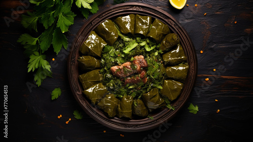 Grape leaf stuffed with meat on dark table, Middle Eastern dish, top view. 