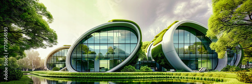Modern Corporate Building Exterior with Green Landscaping, Blue Sky, and Company Logos