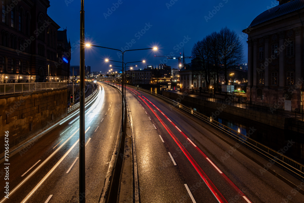 Stockholm, Sweden A night view of traffic on the Centralbron Bridge in downtown. Stockholm, Sweden A night view of traffic on the Centralbron Bridge in downtown.