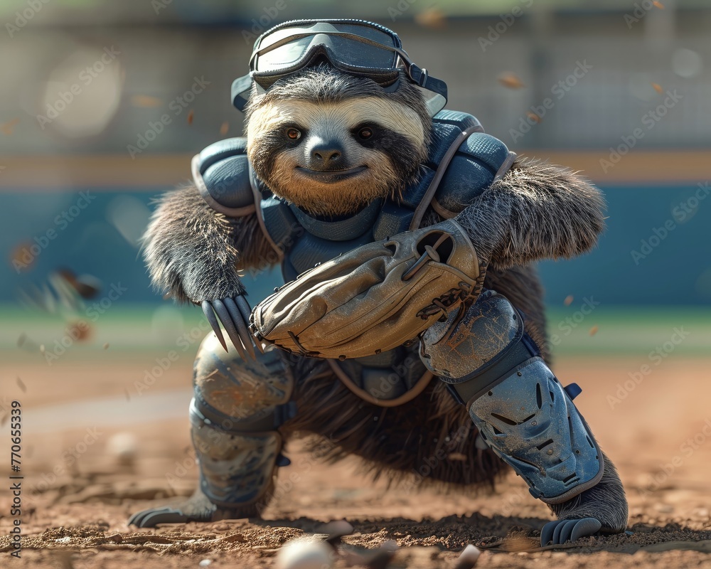 Naklejka premium Humorous scene of a sloth, slow yet ready, as a baseball catcher in action pose, ballpark atmosphere , 3D style