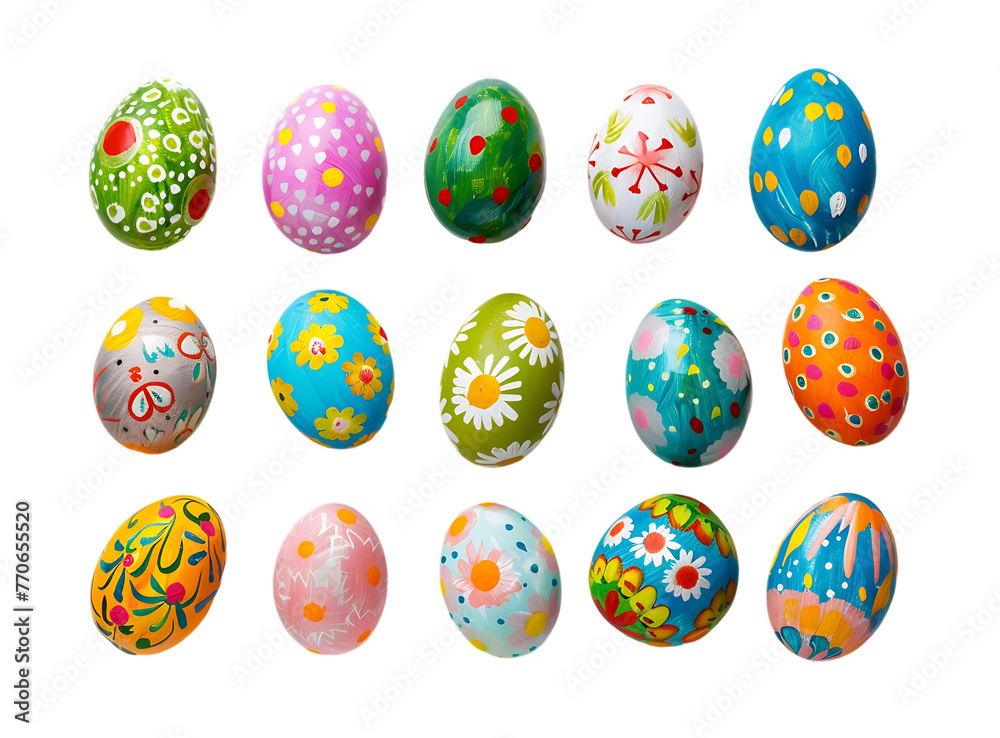 Colorful painted Easter eggs on a white background in an Easter theme concept