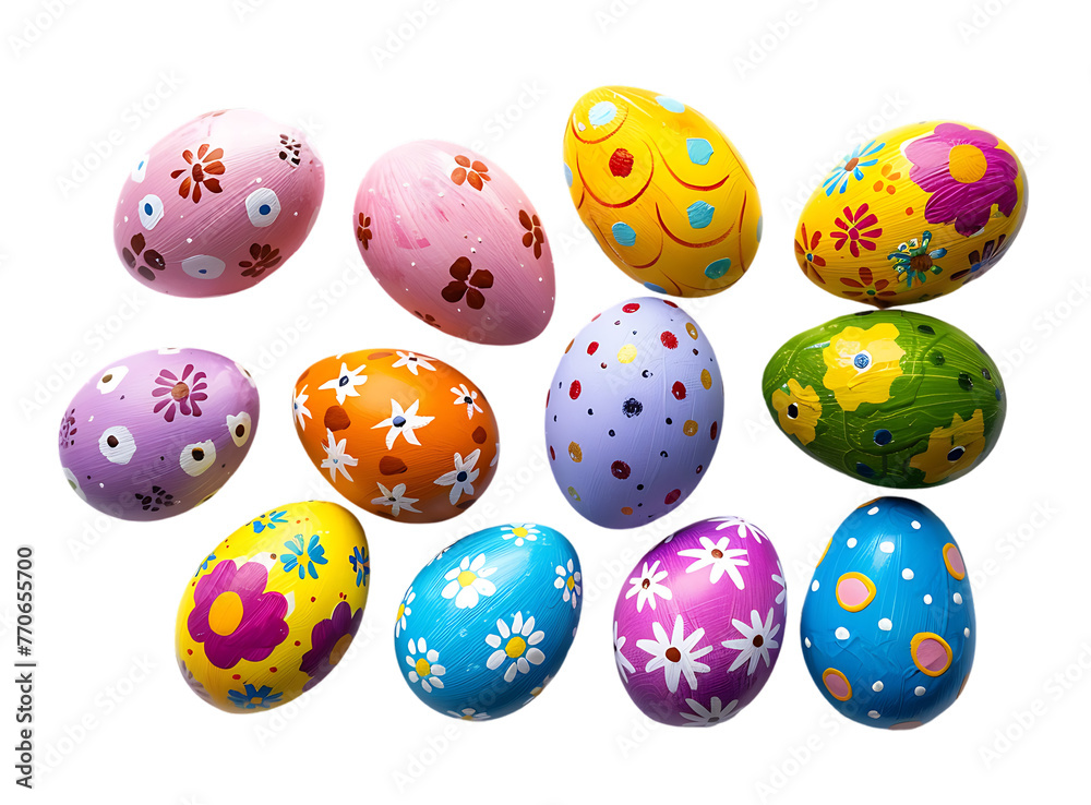 Colorful painted Easter eggs on a white background in an Easter theme concept