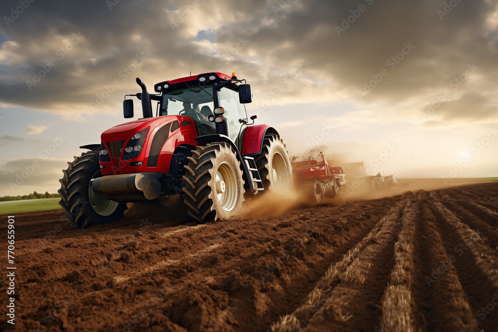 Obraz premium Plows land being cultivated in field prior to sowing at spring AI Generation