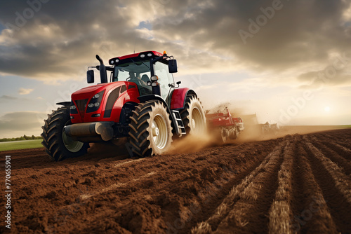 Plows land being cultivated in field prior to sowing at spring AI Generation photo
