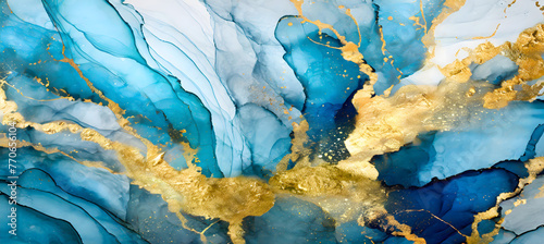 luxury resin abstract art   alcohol ink abstract blue gold background  hand painted liquid. Generative AI.