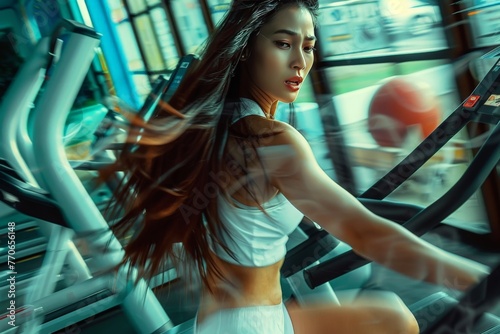 Close up image of attractive fit woman in gym with white sport dress