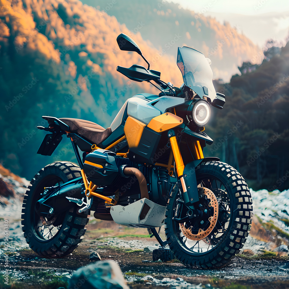 Moderna motocicleta de aventura todoterreno amarilla y negra, con asiento de cuero marrón, gran faro redondo y equipada con neumáticos de gran resistencia y un gran y potente motor de alto rendimiento