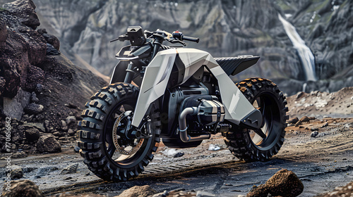 Black and white all terrain motorcycle with large knobby tires parked in wild and rugged terrain with waterfall in the background. photo