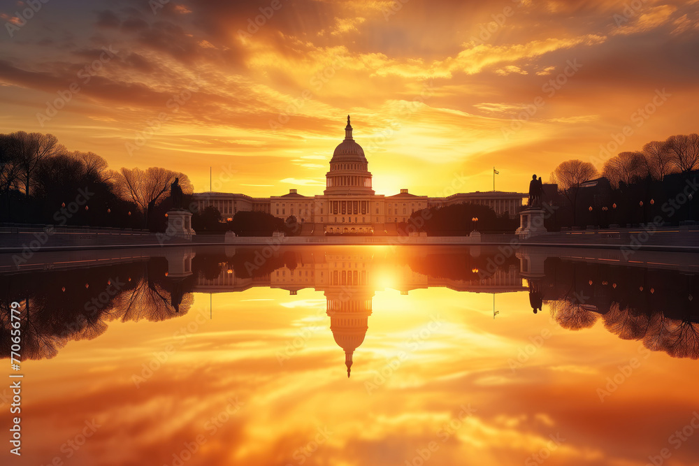 View of exterior of United States Capitol building at sunset, Washington, DC. AI Generation