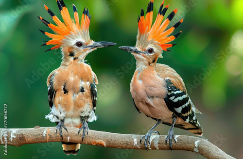 Two hoopoe birds with black and white feathers perched on a branch, with orange frills around their necks against a green background photo