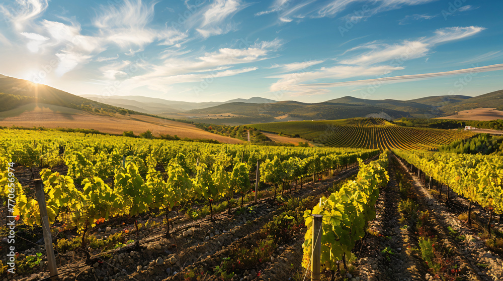 A sprawling sun-drenched vineyard at the peak of harvest showcasing the bounty and beauty of the land.