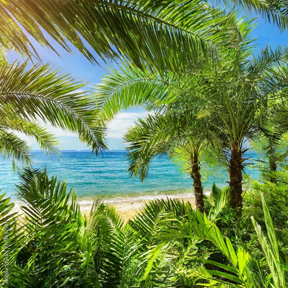 Fototapeta premium Coastal Paradise: Beautiful Palm Trees Framing Scenic Beach and Sea View