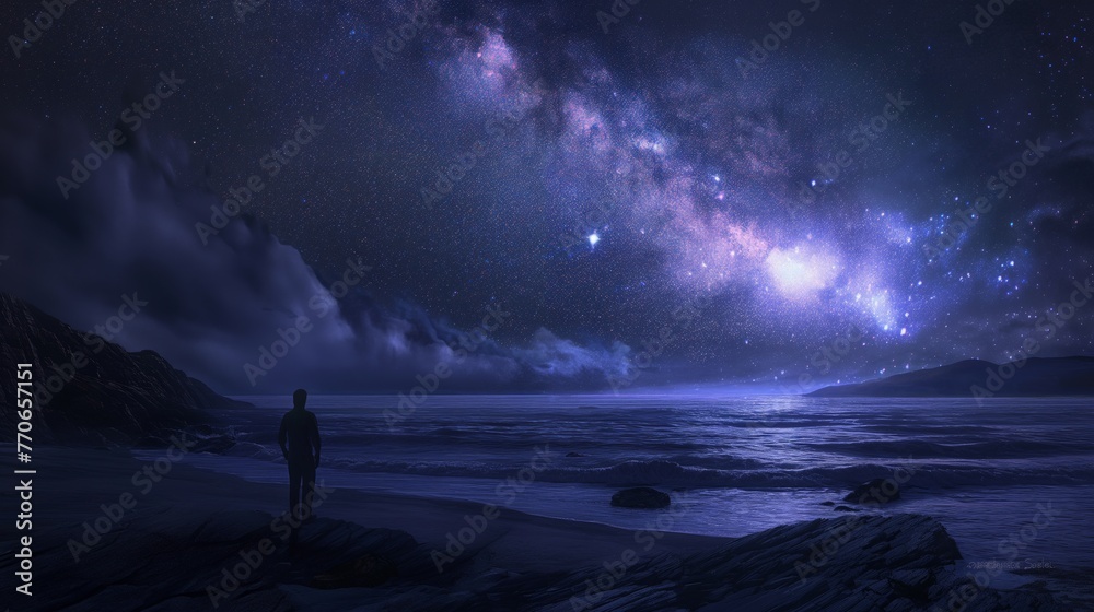 Person standing on a beach at night, gazing at a starry sky and the Milky Way.