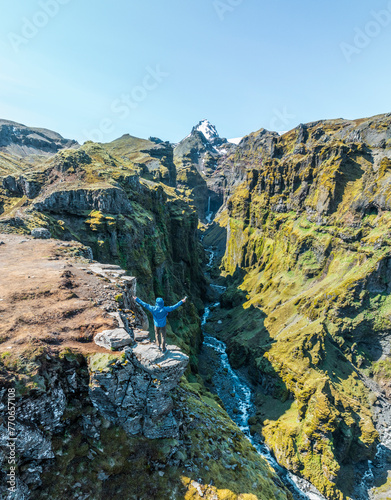 Aerial view of Mulagljufur canyon, person, Oraefasveit, Eastern Region, Iceland. photo