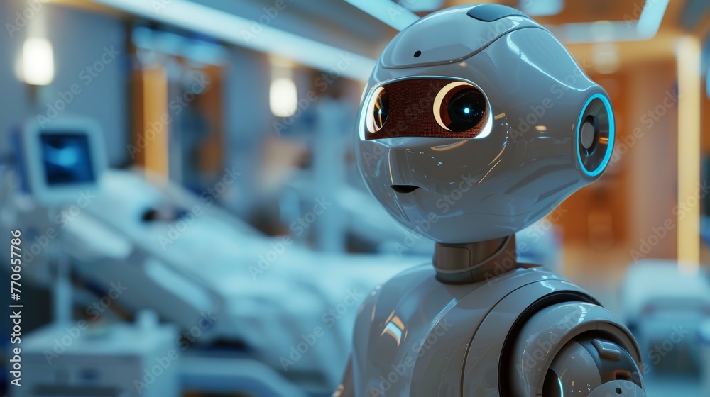 AI robot with expressive eyes in hospital setting aiding patient care AI robot with expressive eyes in hospital setting aiding patient care