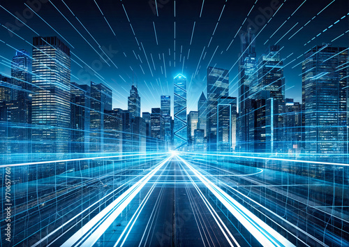 Highway and cityscape with glowing lights at night, 3D rendering