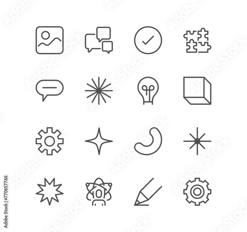 Set of creativity related icons, innovation, team management, geometric shapes, quick tips, inspiration, teamwork and linear variety vectors.