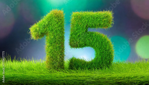 Number 15 made of green grass. Natural figure. 3D rendering. Greenery symbol.