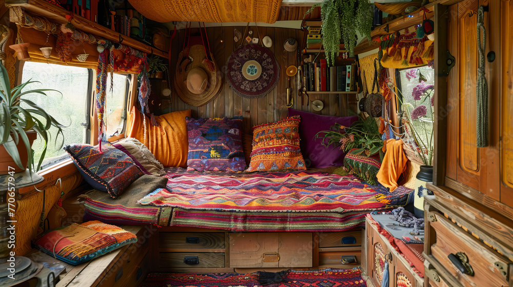 A nook in a camper van adorned with a myriad of colorful textiles and rustic wooden elements, creating a homely and adventurous atmosphere