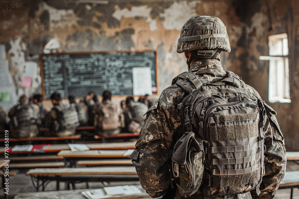 Soldiers in the classroom, veteran lecturing on the importance of patriotism, educational session on national pride Soldiers in the classroom, veteran lecturing on the importance of patriotism, educational session on national pride