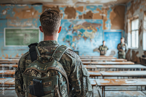 Soldiers in the classroom, university lecture on military technology, student exploring advancements, technological education