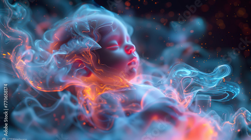 Cosmic womb with a neon fractal-illuminated baby, symbolizing new life's vibrant potential - Generative AI