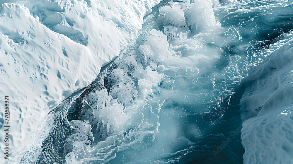 A stark image of a glacier melting rapidly with streams of water flowing into the ocean. - obrazy, fototapety, plakaty 