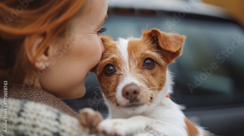 young teen girl hipster hold her dog Jack Russell Terrier, smile close up, love and friendship, care animals