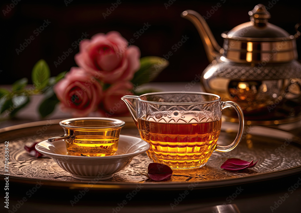 Tea in a glass cup on a silver tray with rose petals Tea in a glass cup on a silver tray with rose petals
