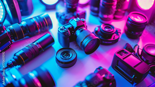 A mix of smartphone cameras and accessories like lenses and tripods on a neon-lit surface.