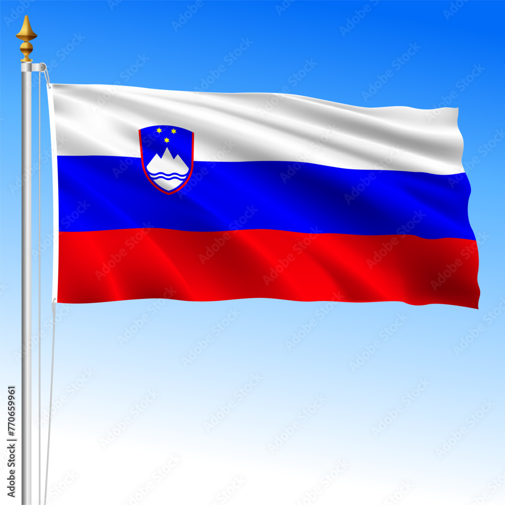 Slovenia official national waving flag and coat of arms, European Union, vector illustration Slovenia official national waving flag and coat of arms, European Union, vector illustration