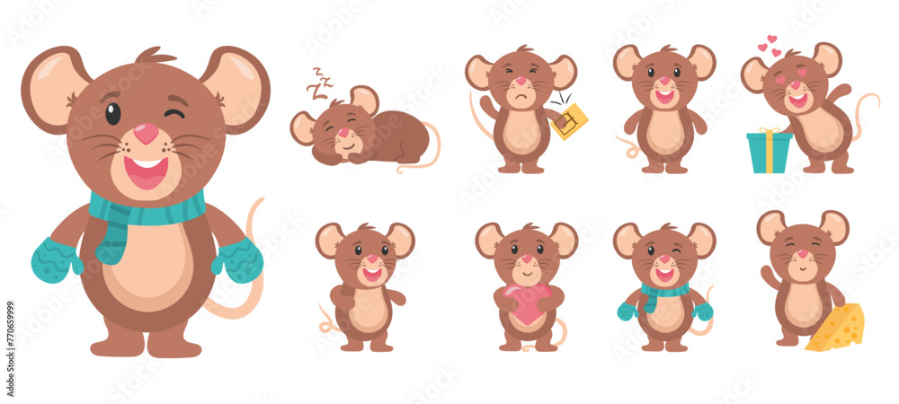 Funny little grey mouse collection. Mouse cartoon animal, little rodent adorable, happy cheerful mascot vector illustration. Set of cute mice on white background. Little rat with food, character.