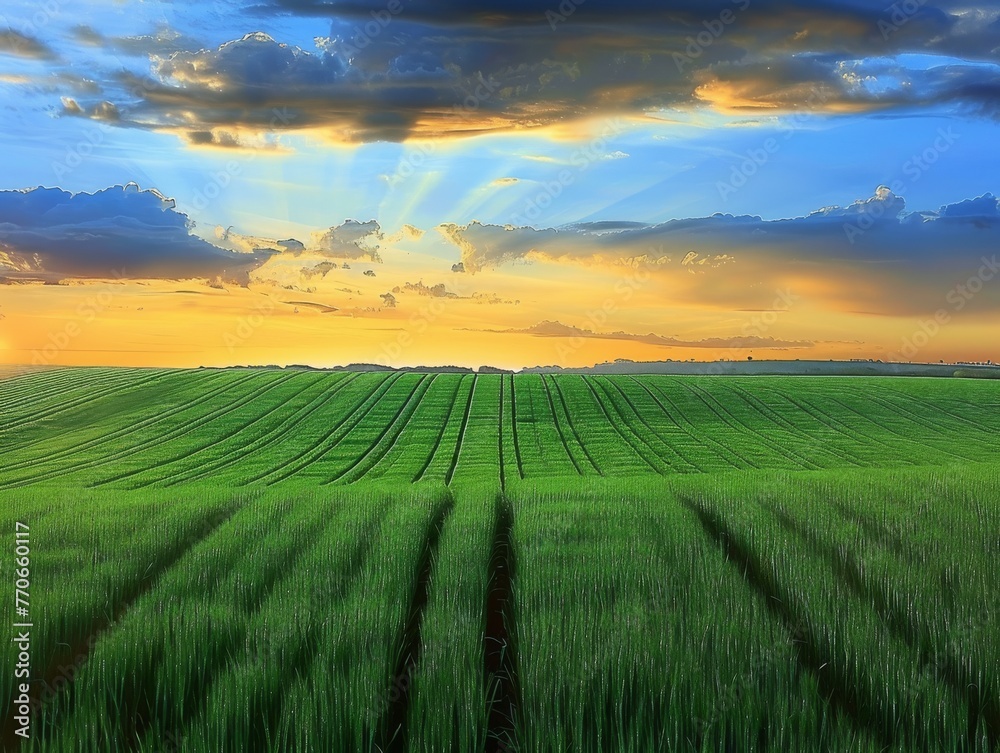 Obraz premium A field of grass with a beautiful sunset in the background