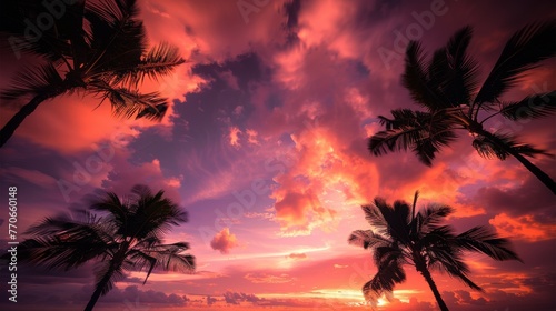 A beautiful sunset over the ocean with palm trees in the background © hakule