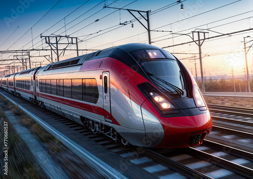 Modern high-speed train on the railroad. Motion blur effect.