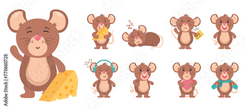 Funny little grey mouse collection. Mouse cartoon animal, little rodent adorable, happy cheerful mascot vector illustration. Set of cute mice on white background. Little rat with food, character.