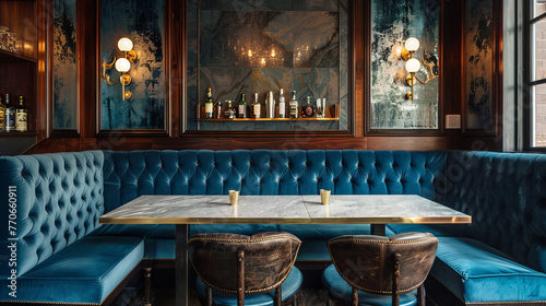 The image captures sophisticated interior design with blue velvet seating complementing the rich wood tones and atmospheric lighting photo