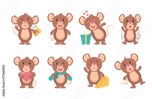 Fototapeta Naklejka Na Ścianę i Meble -  Funny little grey mouse collection. Mouse cartoon animal, little rodent adorable, happy cheerful mascot vector illustration. Set of cute mice on white background. Little rat with food, character.
