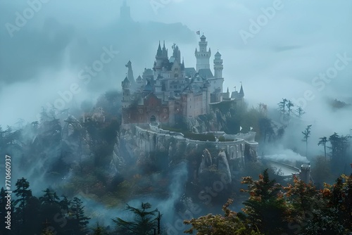 Fantasy Background A majestic castle, shrouded in mist, stands proudly atop a rugged mountain peak, its turrets reaching into the heavens. © JewJew