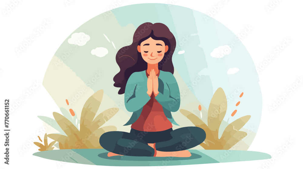 Girl in a namaste pose. Vector flat illustration on