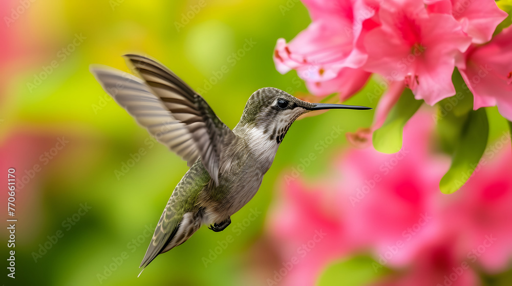 Naklejka premium Hummingbird Hovering Near Pink Flowers in Vibrant Garden