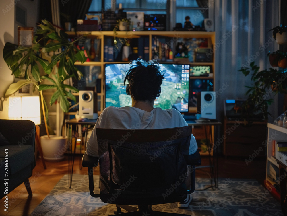 Back view of Gamer playing online video game on his powerful personal computer at home. Back view of Gamer playing online video game on his powerful personal computer at home.