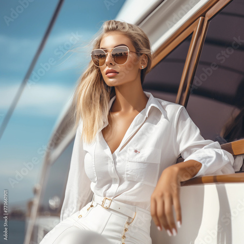 beautiful blonde woman wearing white clothing in sunglasses on a yacht 